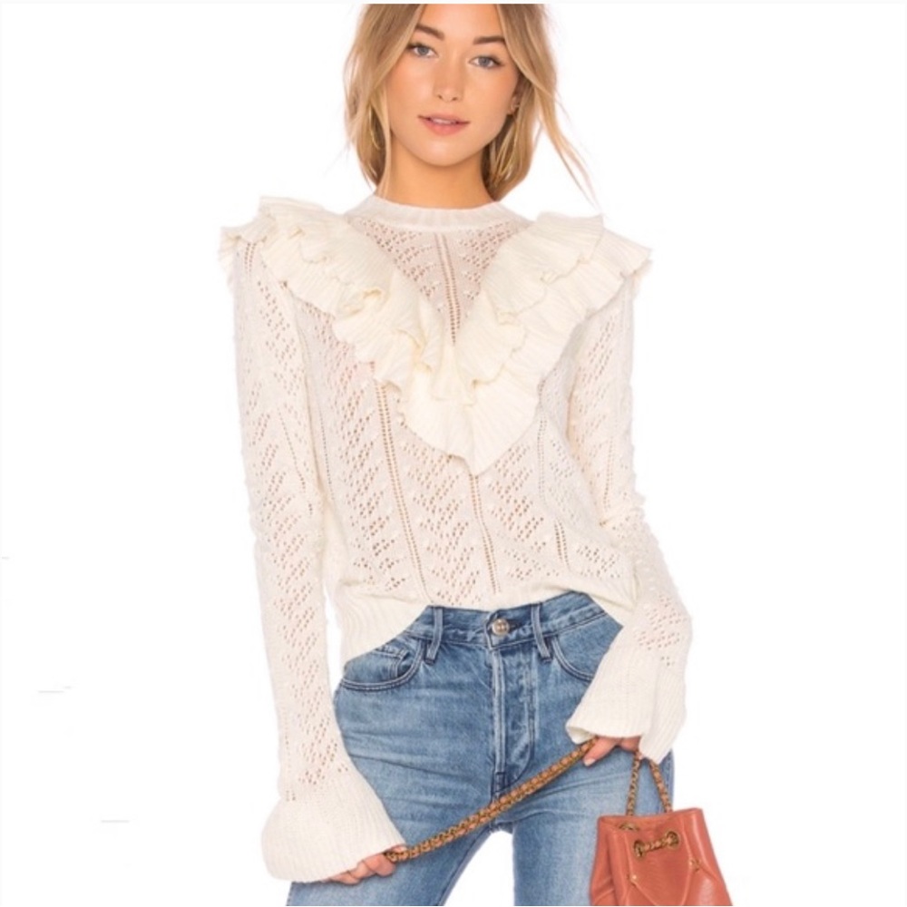 TULAROSA manny ivory white ruffle pointelle knit crewneck sweater top